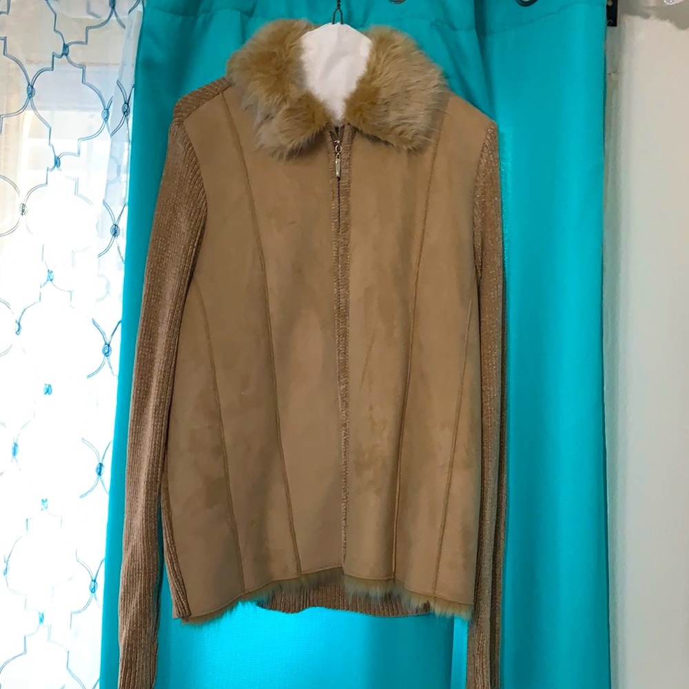 Suede sweater jacket with faux collar